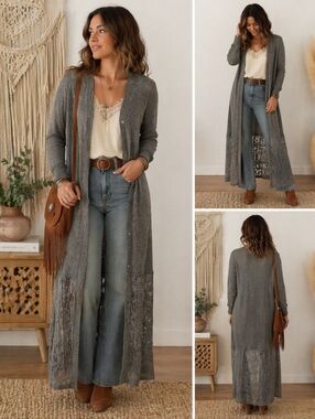 Subtle Luxury Gray Long Lace-Trim Duster Cardigan 92% Cotton 8% Cashmere Size S
